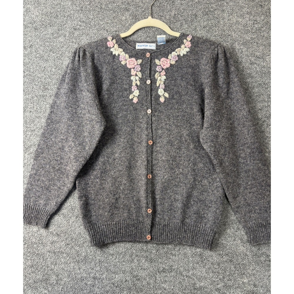 Northern Isles Cardigan Women Small Gray Vintage Wool Blend Floral Embroidered‎